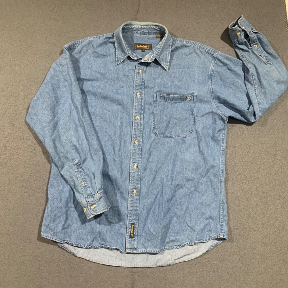 Timberland Weathergear Mens Large Denim Button Down Shirt Light Wash Blue Cotton